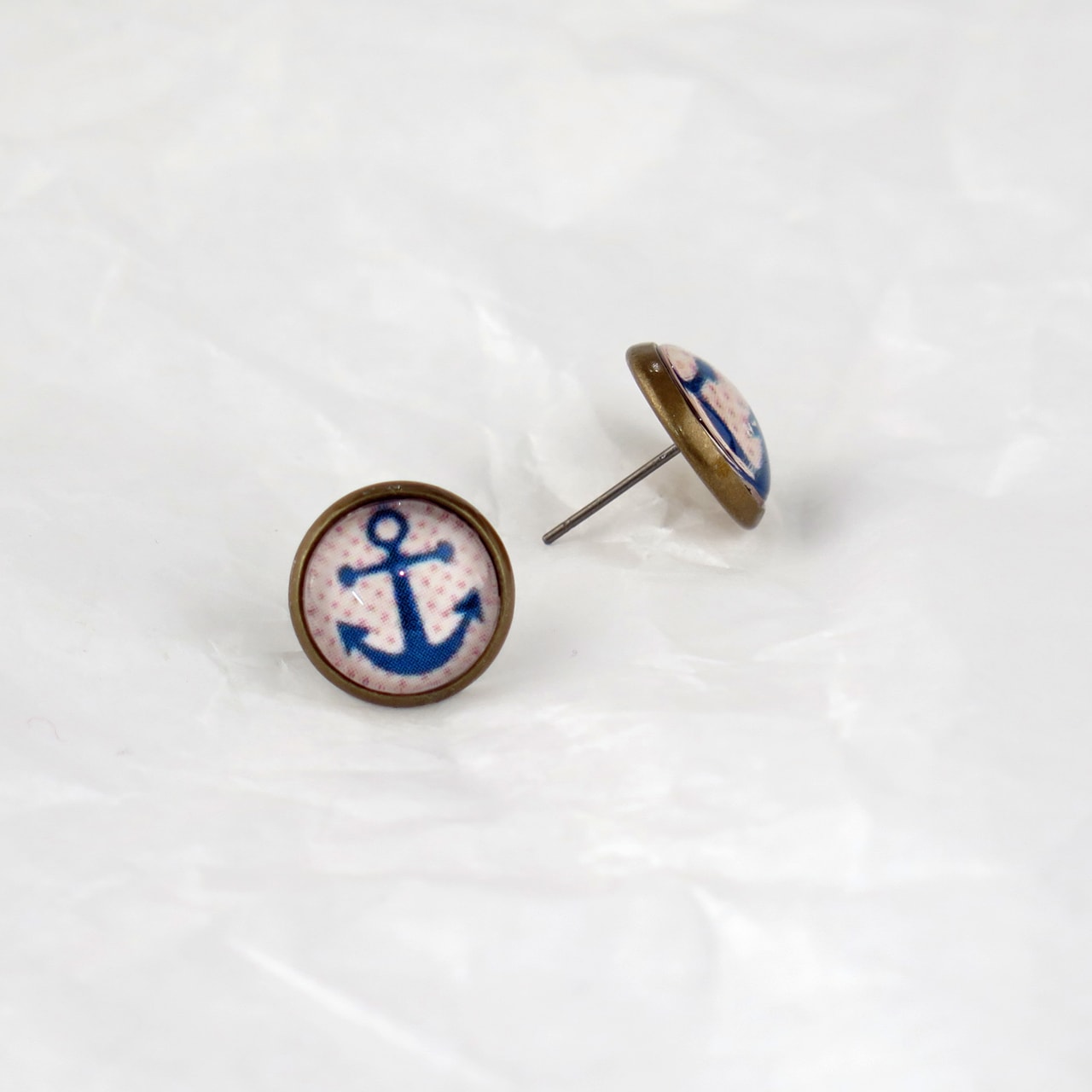Ohrstecker Cabochon Anker blau / Punkte