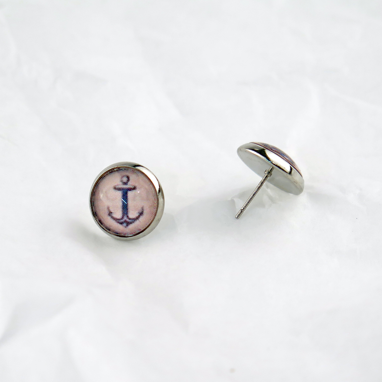 Ohrstecker Cabochon blauer Anker / beige